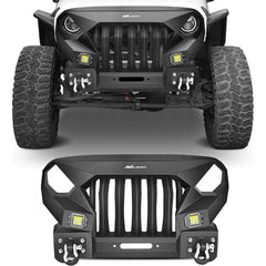 2007-2018 Jeep Wrangler JK & Unlimited 2/4 Doors Front Bumper Grill with Winch Plate 2Pcs 42w LED Work Light Pods Textured Black Solid Steel Off-Road