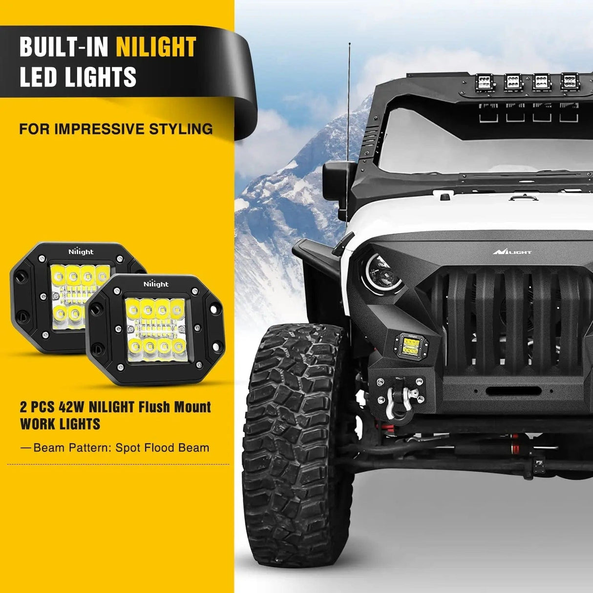 2007-2018 Jeep Wrangler JK & Unlimited 2/4 Doors Front Bumper Grill with Winch Plate 2Pcs 42w LED Work Light Pods Textured Black Solid Steel Off-Road Nilight