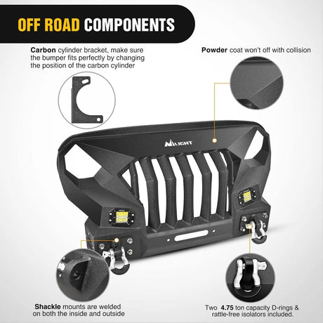 2007-2018 Jeep Wrangler JK & Unlimited 2/4 Doors Front Bumper Grill with Winch Plate 2Pcs 42w LED Work Light Pods Textured Black Solid Steel Off-Road Nilight