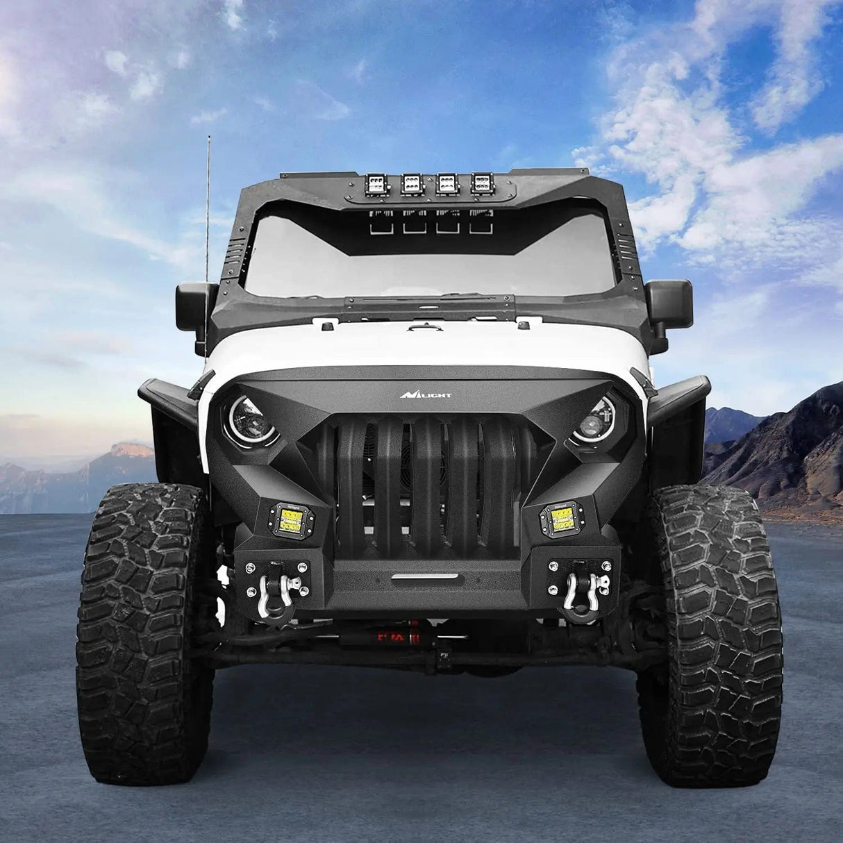 2007-2018 Jeep Wrangler JK & Unlimited 2/4 Doors Front Bumper Grill with Winch Plate 2Pcs 42w LED Work Light Pods Textured Black Solid Steel Off-Road Nilight