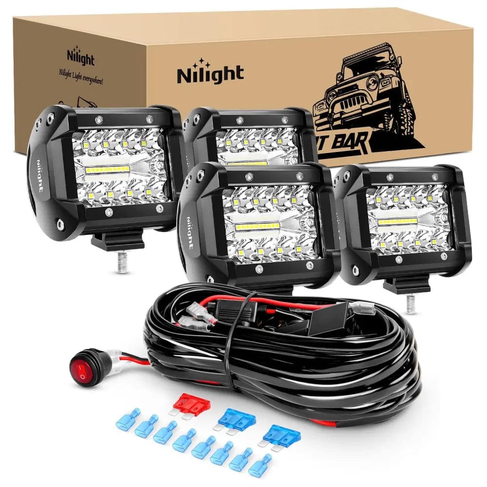 4 Inch 60W 6000LM Triple Row Spot Flood LED Pods (2 Pairs) | 16AWG Wire 3Pin Switch Nilight