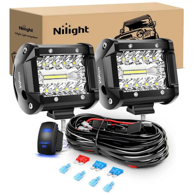 4 Inch 60W Triple Row Spot Flood LED Pods (Pair) | 16AWG Wire 5Pin Switch Nilight