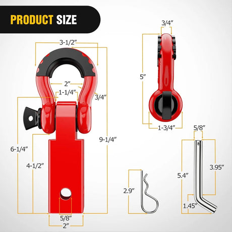 2 Inch Shackle Hitch Receiver 3/4 Inch D Ring Kit Red Nilight