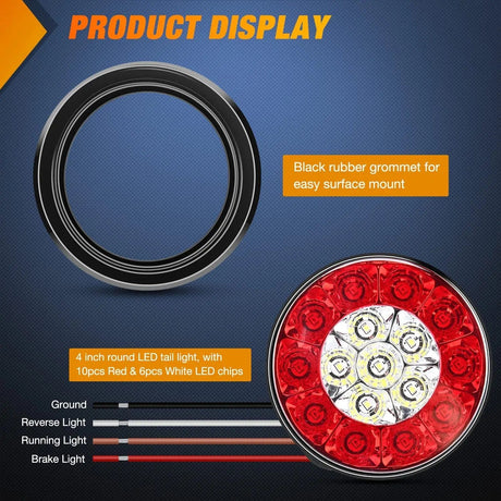 4 Inch White Red Round 16Leds Tail Light Flush Mount Grommets (Pair) Nilight