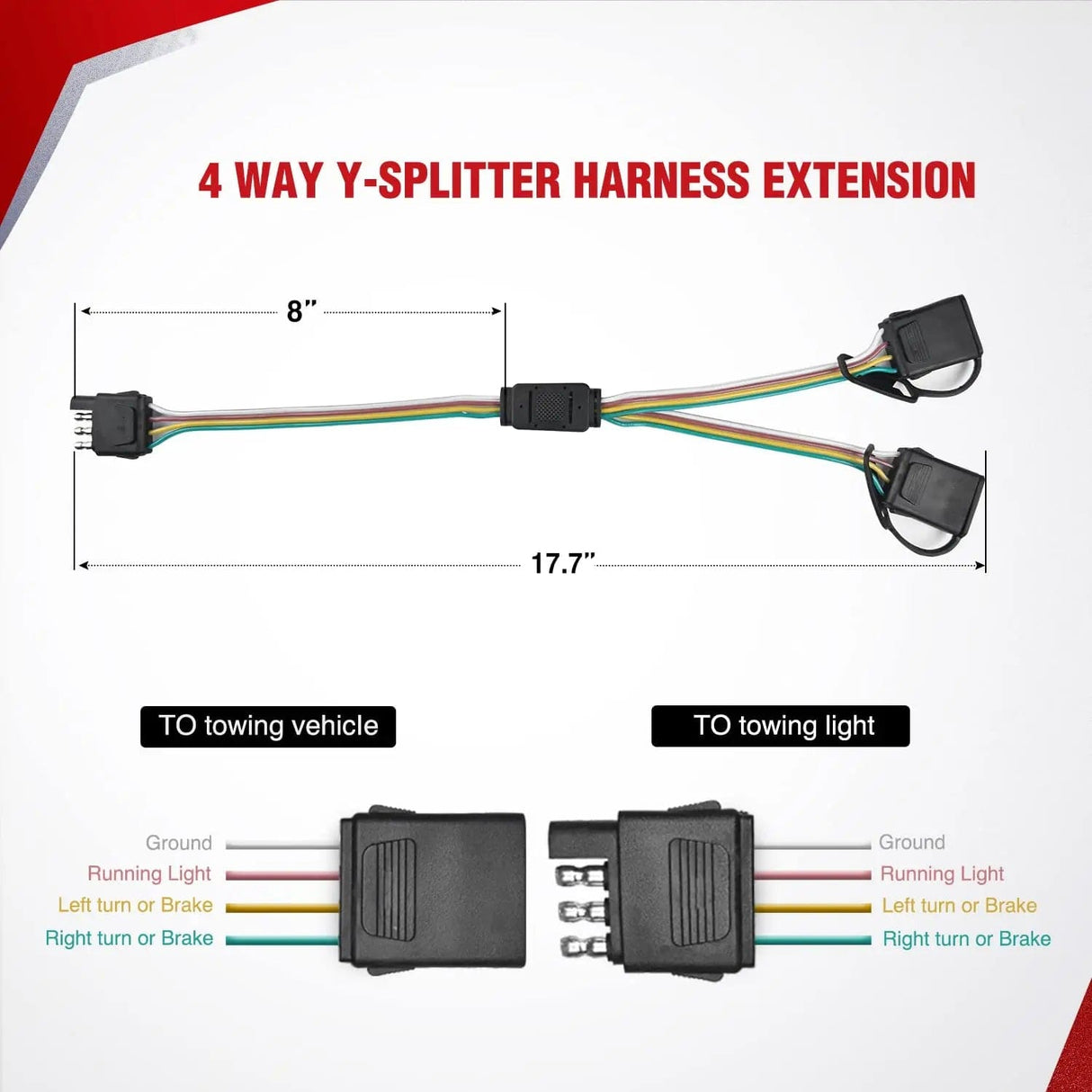 4 Way Flat Trailer Y-Splitter Adapter Extension Harness Nilight