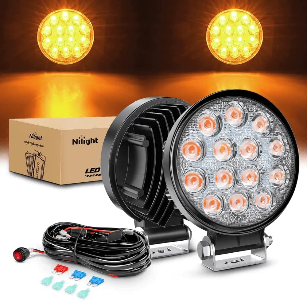 4.5 Inch 42W 4200LM Amber Round Flood LED Work Lights (Pair) | 16AWG Wire 3Pin Switch Nilight