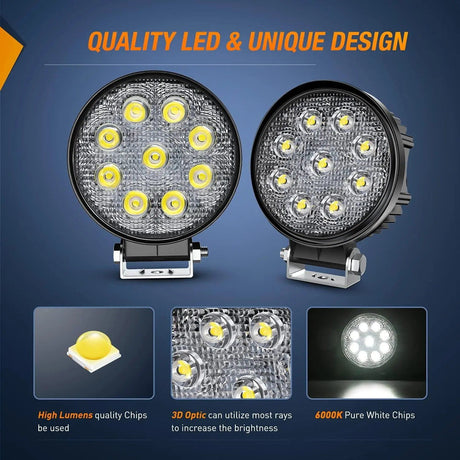 LED Work Light 4.5" 27W 3000LM Round Flood LED Light Pods 4PCS