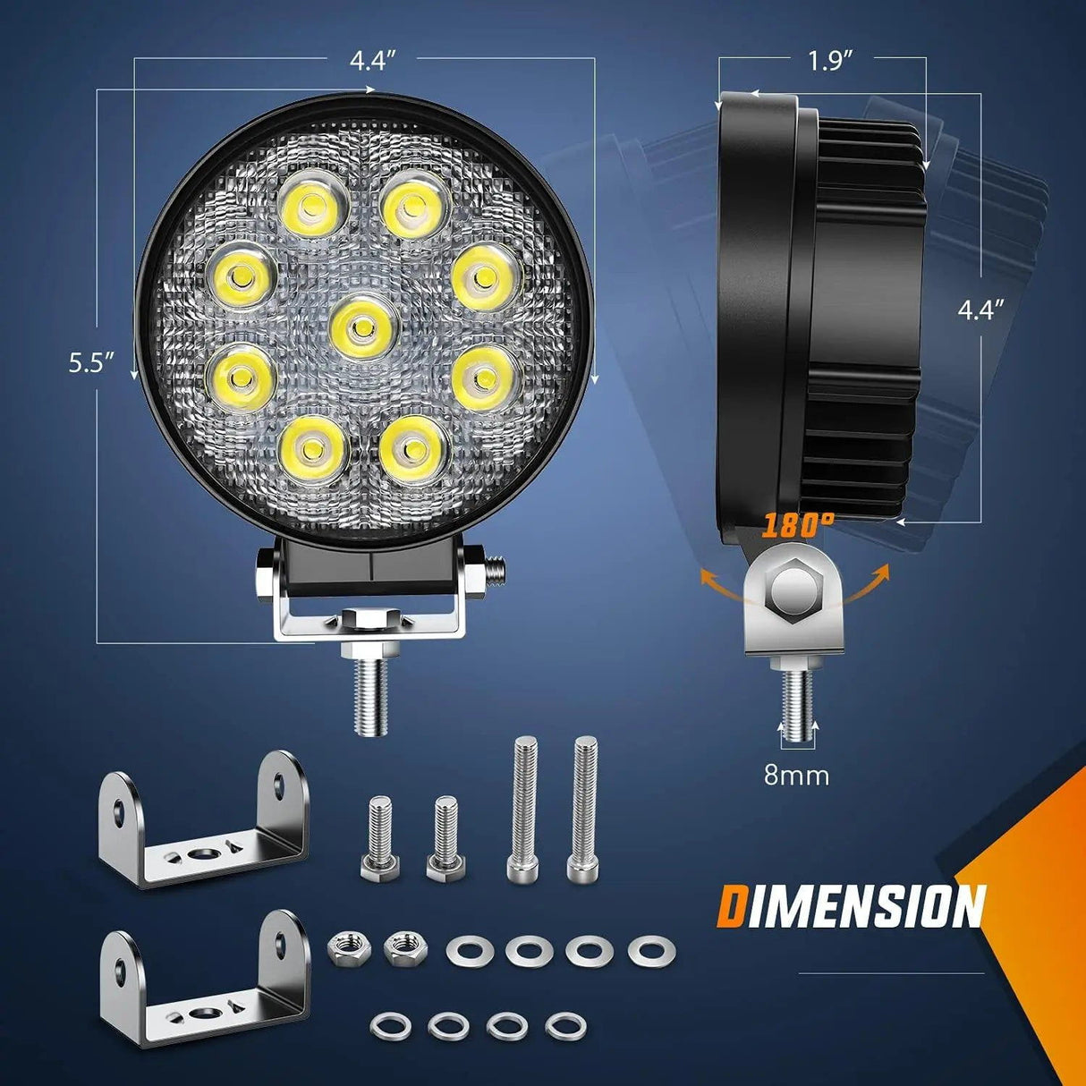 LED Work Light 4.5" 27W 3000LM Round Spot LED Work Lights (2 Pairs)