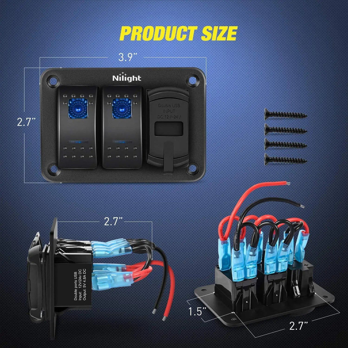 Rocker Switch 2Gang Blue Rocker Switch Panel w/ 4.8 Amp Dual USB Charger Voltmeter