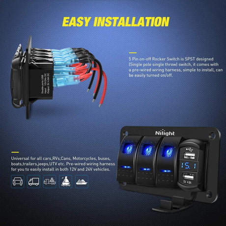 Rocker Switch 3Gang Aluminum 5Pin ON/Off Blue Rocker Switch Panel w/ 4.8 Amp Dual USB Charger Voltmeter