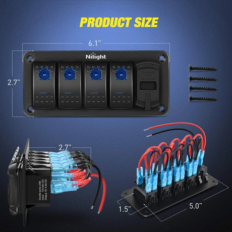 switch panel 4Gang Aluminum 5Pin ON/Off Blue Rocker Switch Panel w/ 4.8 Amp Dual USB Charger Voltmeter