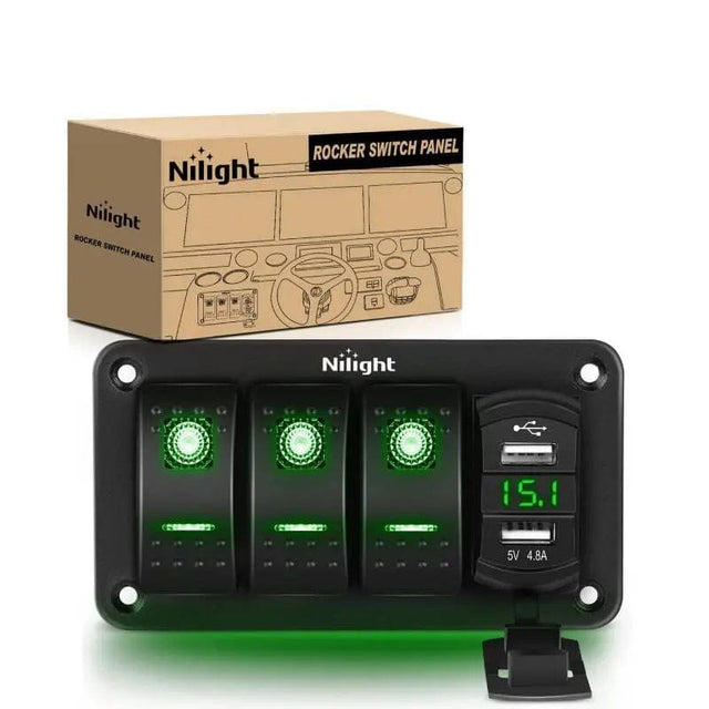 3Gang Aluminum 5Pin ON/Off Green Rocker Switch Panel w/ 4.8 Amp Dual USB Charger Voltmeter Nilight