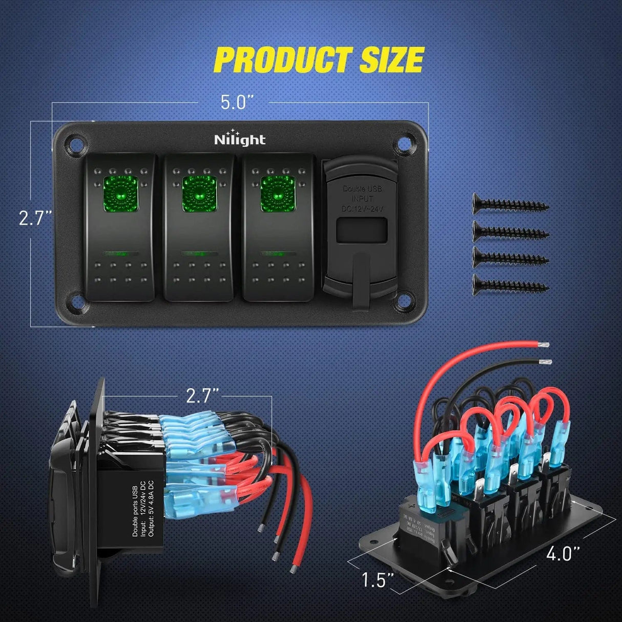 3Gang Aluminum 5Pin ON/Off Green Rocker Switch Panel w/ 4.8 Amp Dual USB Charger Voltmeter Nilight