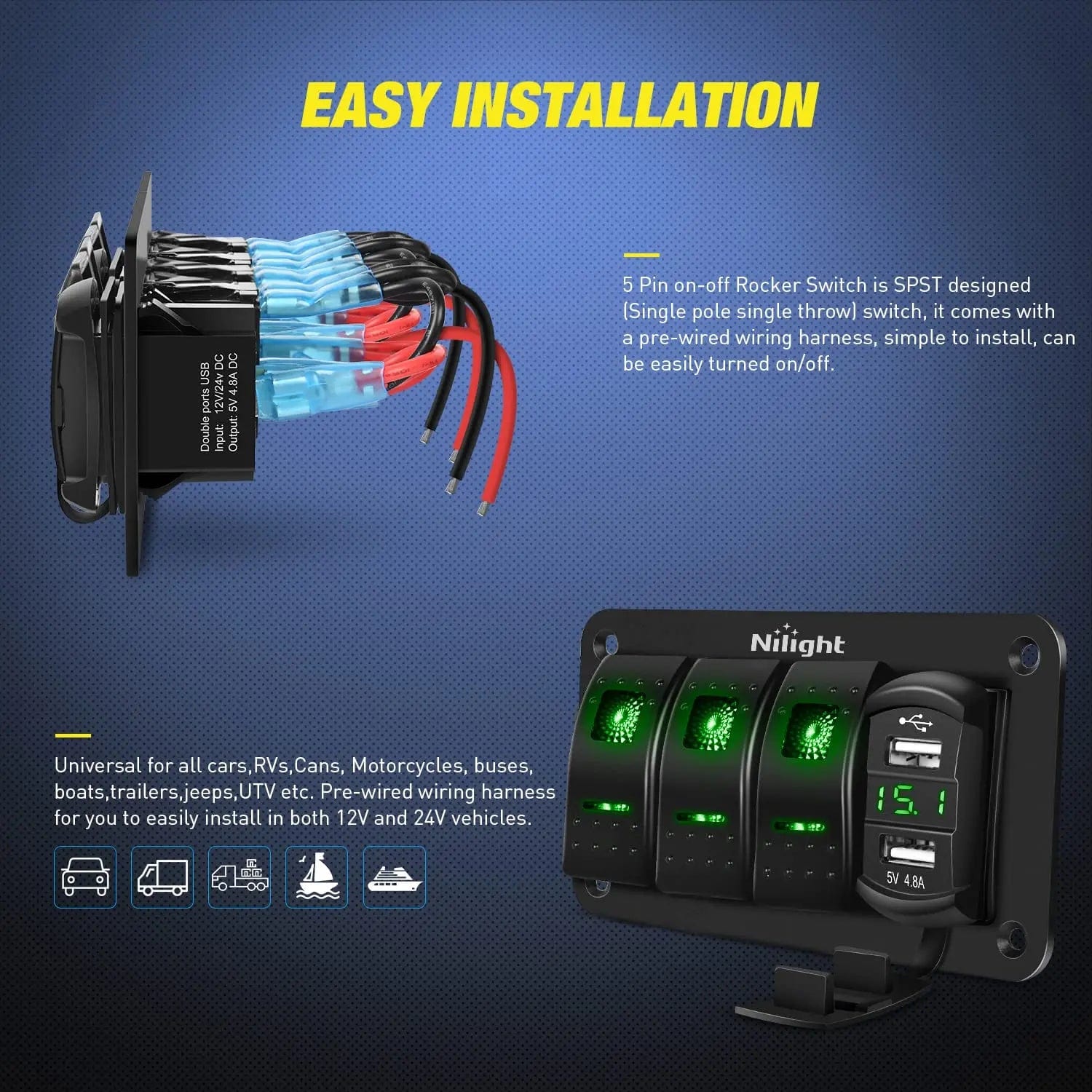 3Gang Aluminum 5Pin ON/Off Green Rocker Switch Panel w/ 4.8 Amp Dual USB Charger Voltmeter Nilight