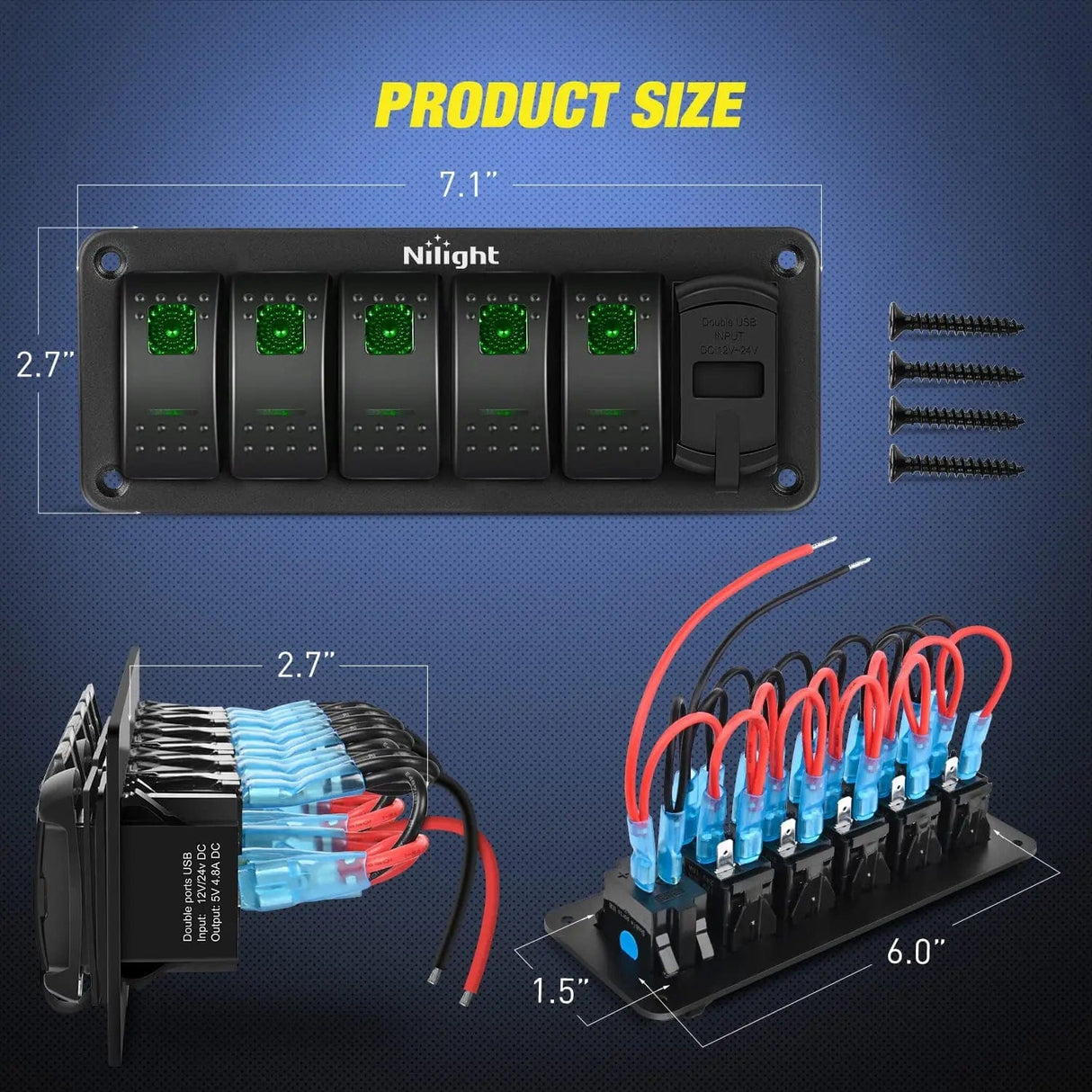 5Gang Aluminum 5Pin ON/Off Green Rocker Switch Panel w/ 4.8 Amp Dual USB Charger Voltmeter Nilight