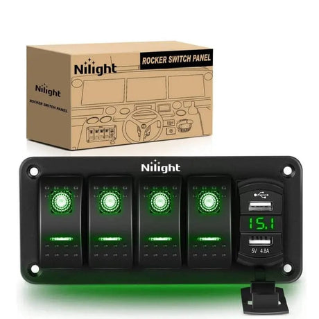 4Gang Aluminum 5Pin ON/Off Green Rocker Switch Panel w/ 4.8 Amp Dual USB Charger Voltmeter Nilight