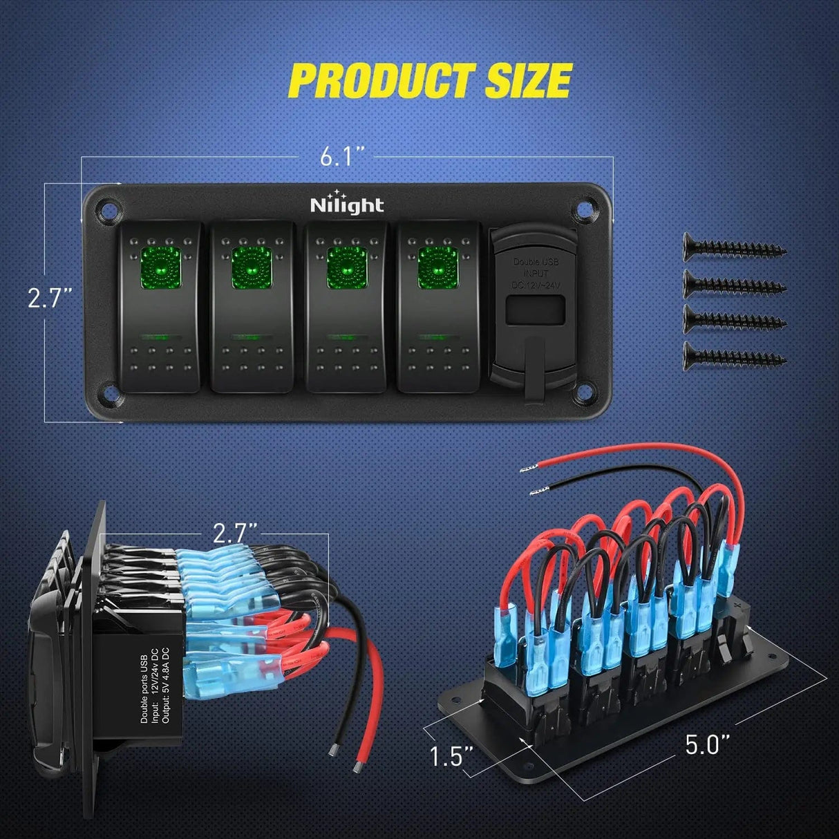 4Gang Aluminum 5Pin ON/Off Green Rocker Switch Panel w/ 4.8 Amp Dual USB Charger Voltmeter Nilight