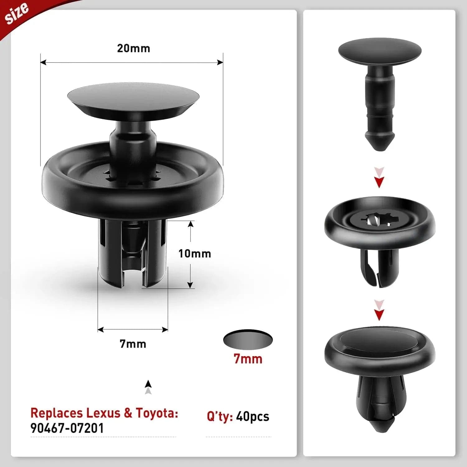 40 Pcs Head 20mm Hole 7mm Nylon Engine Under Cover Push-Type Retainer Clips Replaces 90467-07201 Nilight