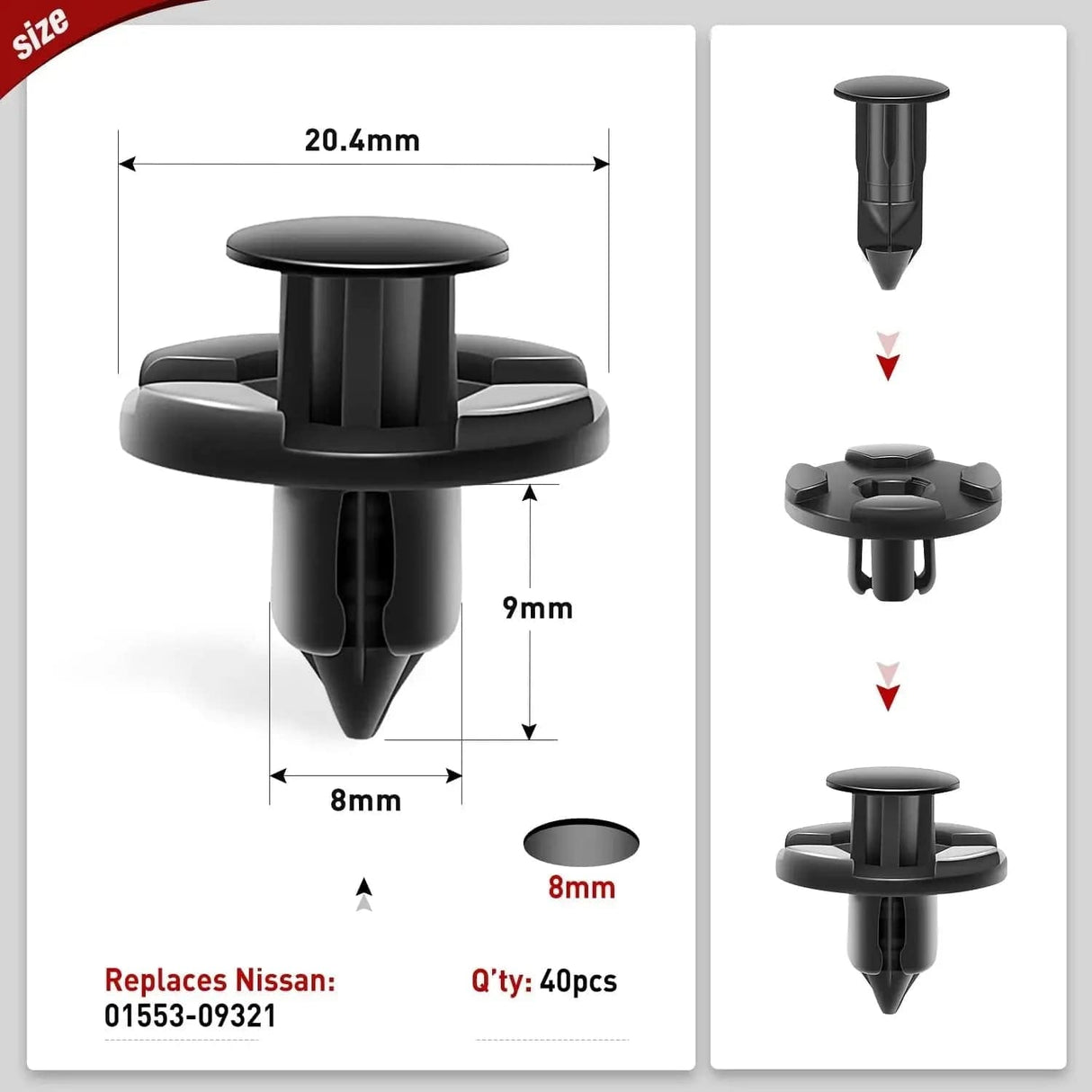 40 Pcs Head 20mm Hole 8mm Bumper Rivet Fender Clips OEM Replaces Nissan 01553-09321 8mm Hole Nilight