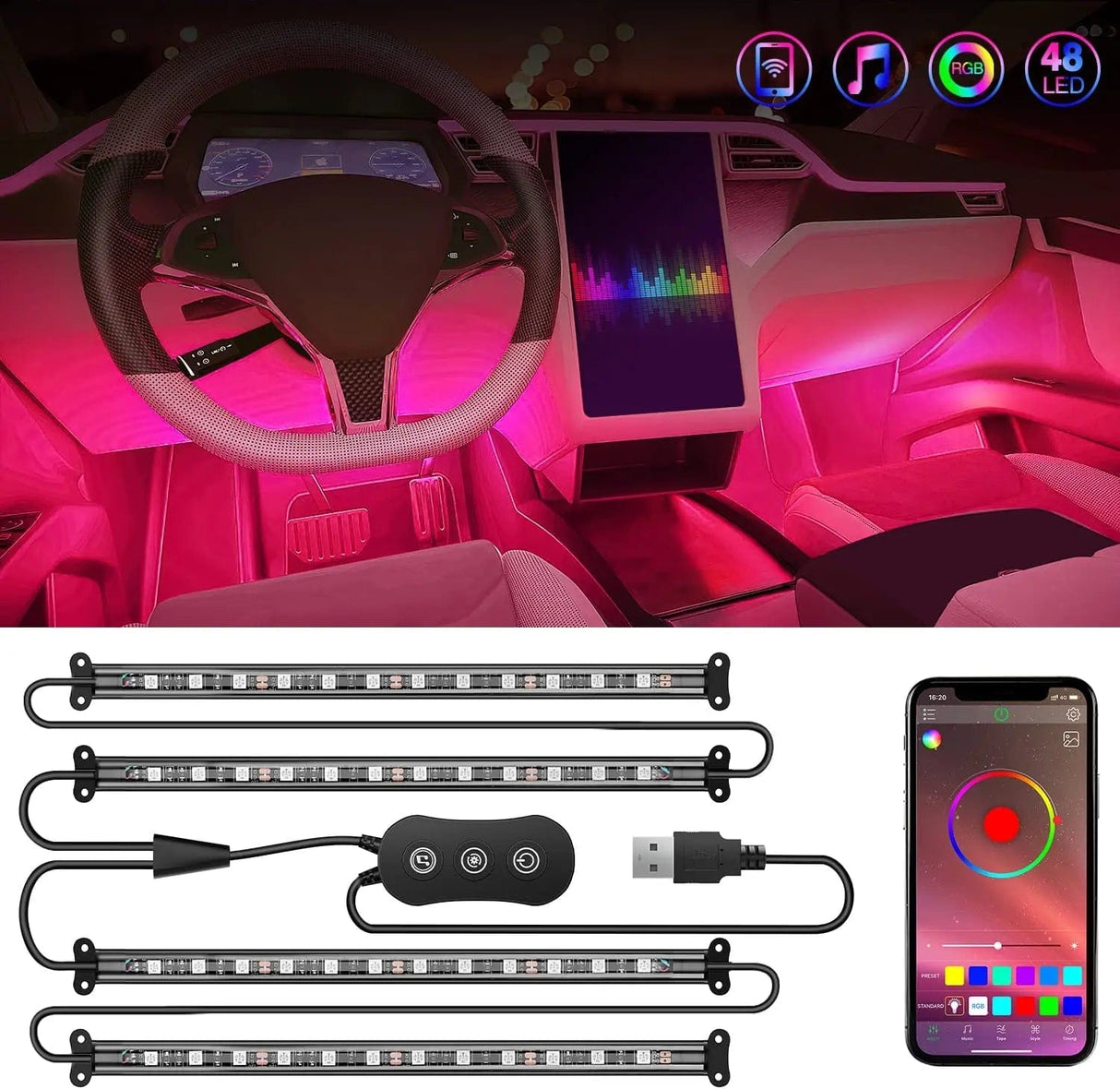 48Leds RGB USB Interior Light Strip APP Remote Control 4PCS Nilight