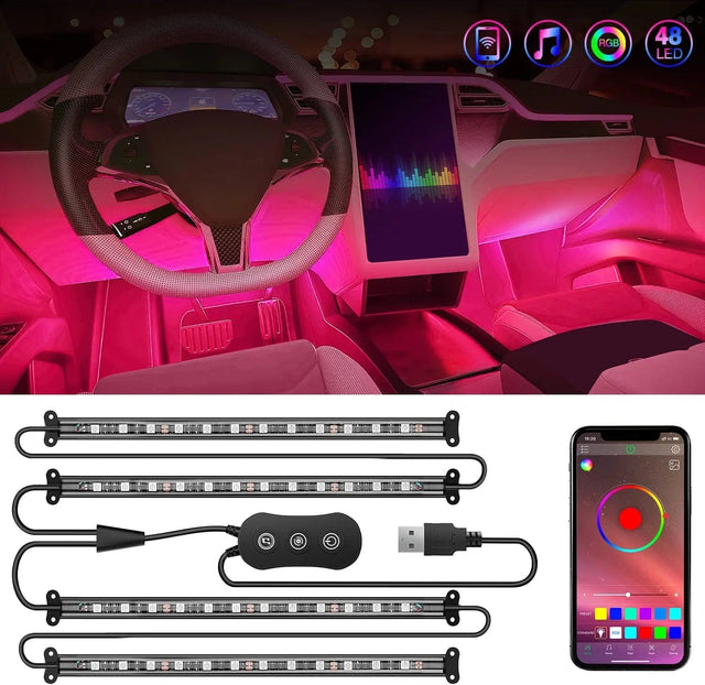 48Leds RGB USB Interior Light Strip APP Remote Control 4PCS Nilight