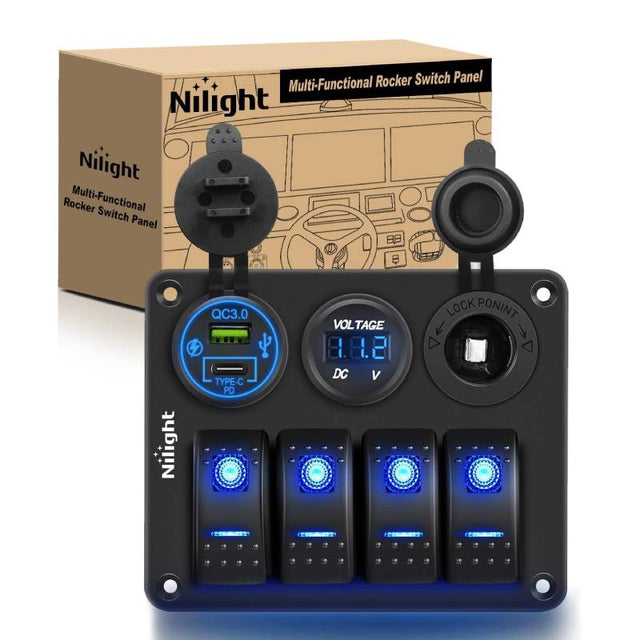 4Gang ON/Off Blue Rocker Switch Panel w/ PD Type C & USB Charger Power Socket Fuse Nilight