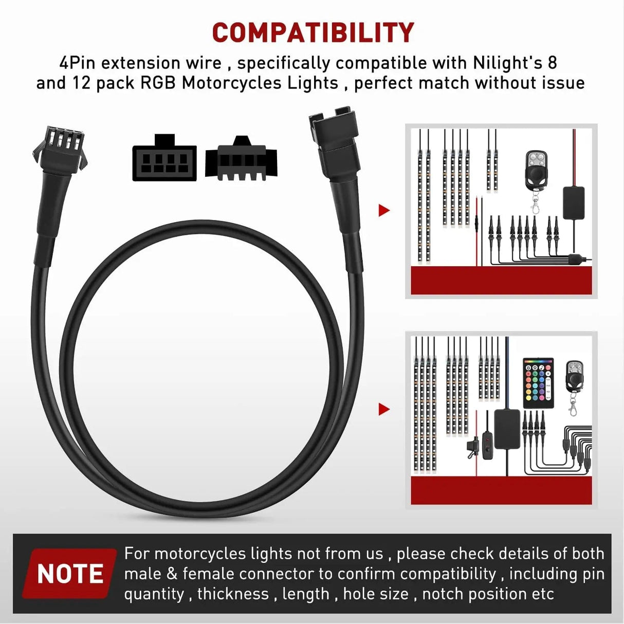 4Pcs 2FT Extension Cords | 3Pcs 2 Way Y Splitter 4PIN Extension Cord Kit Nilight