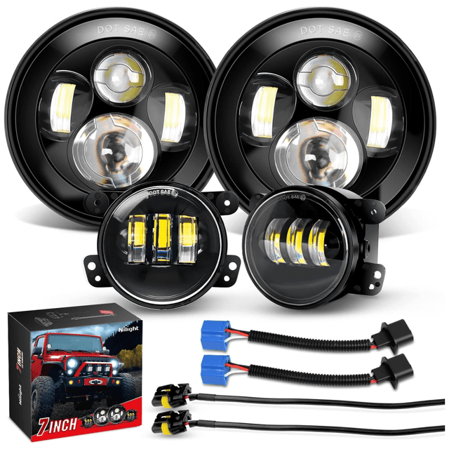 1997-2018 Wrangler JK Unlimited JKU TJ CJ Rubicon 7 Inch Round Cree Headlight and 4 Inch Fog Lights 4Pcs Nilight