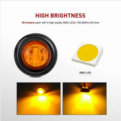 Trailer Light 3/4” Amber Round LED Marker Lights (10 Pcs)