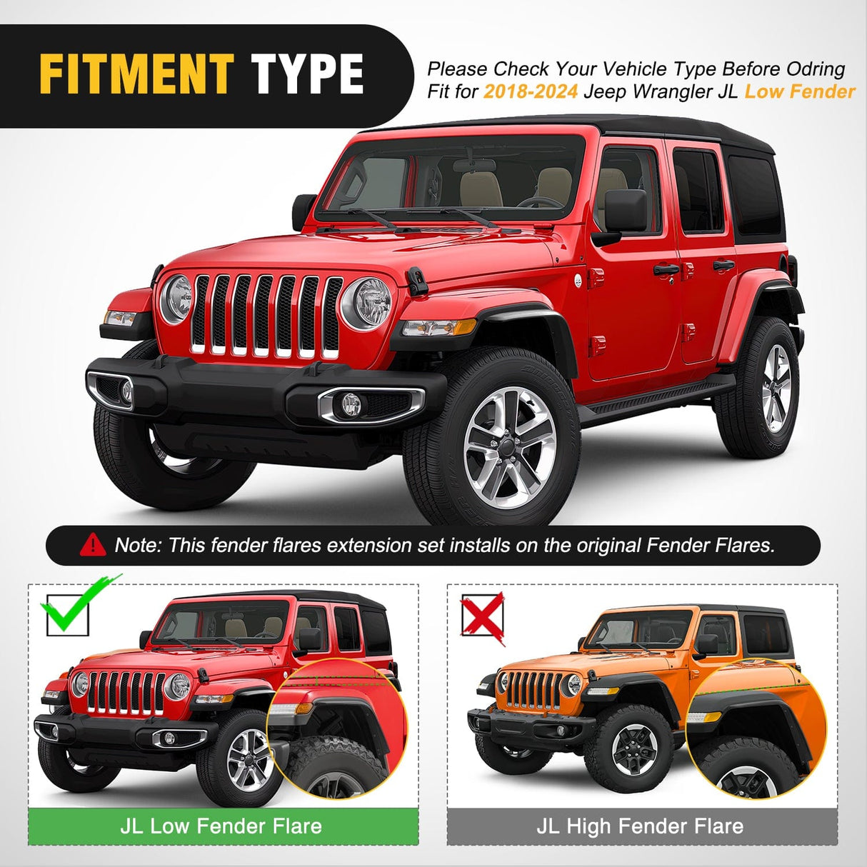 Fender Flares Extensions Set Compatible with 2018-2024 Wrangler JL and JLU Unlimited 2/4 Doors (Only for Low Wheel Arches) Nilight