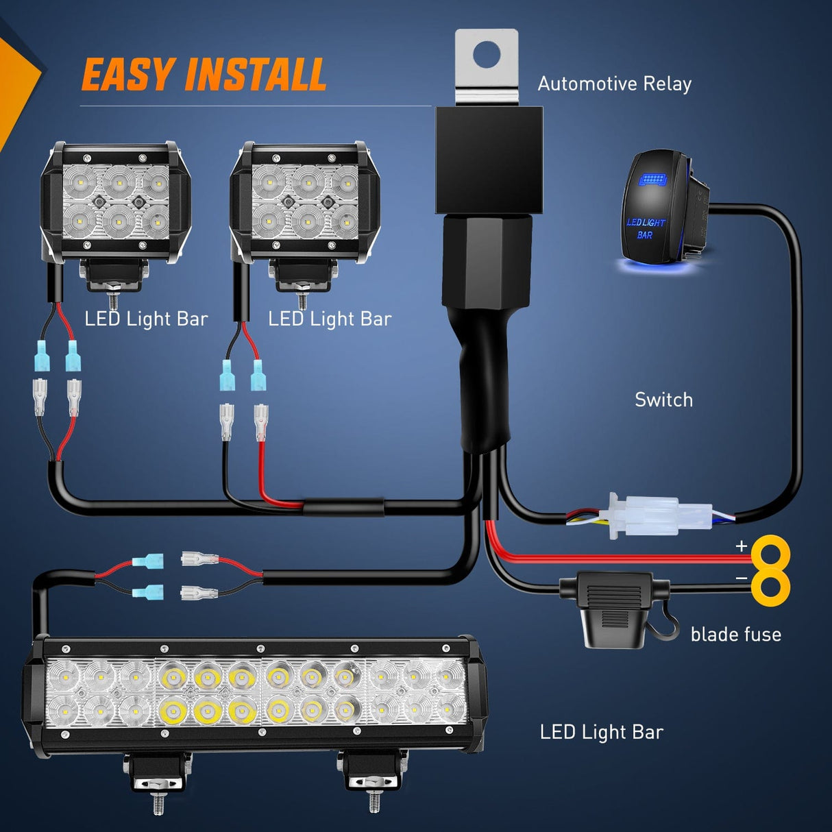 12Inch 72W Led Light Bars 2Pcs 18W Led Pods with Wiring Harness Kit-3 Leads Nilight