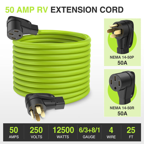 50Amp 25FT RV EV Extension Cord Bright Green Nilight