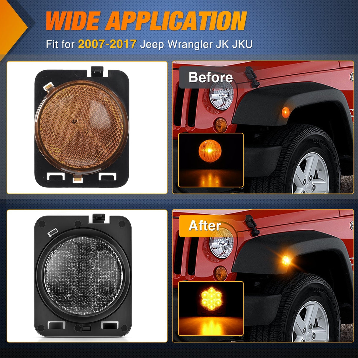 JK Side Marker Light 8LED Smoked Lens Amber For 2007-2017 Wrangler JK JKU Nilight