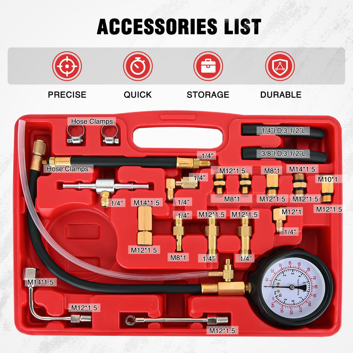 20pcs 0-100 PSI Fuel Injection Pump Pressure Gauge Petrol Engine Diagnostic Tester Kit