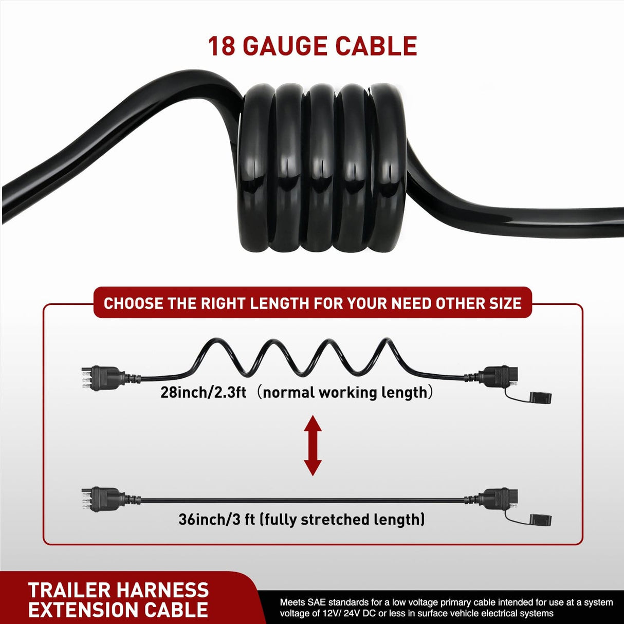 4 Way Flat Trailer Coiled Extension Cable 3 Feet Heavy Duty Jacket Cable Male and Female Wiring Harness Adapter