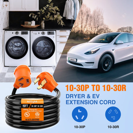 30 Amp 15FT 3 Prong EV Dryer Extension Cord  Nilight