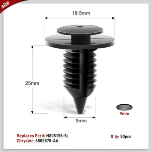 50 Pcs Hole 9mm Interior Door Panel Clips Rivet Retainer Fender Bumper Fasteners Clips OEM N805155-S, 6505878-AA Nilight