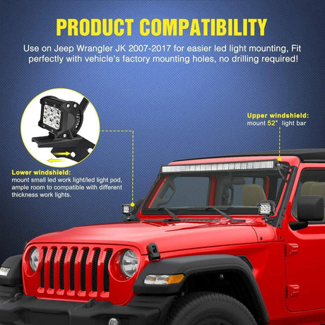 52 Inch Double Row Spot Flood LED Light Bar | 4 Inch 18W Spot LED Pods (Pair) | 16AWG Wire 3Pin Switch | Windshield Frame Mount on Wrangler JK 2007-2017 Nilight