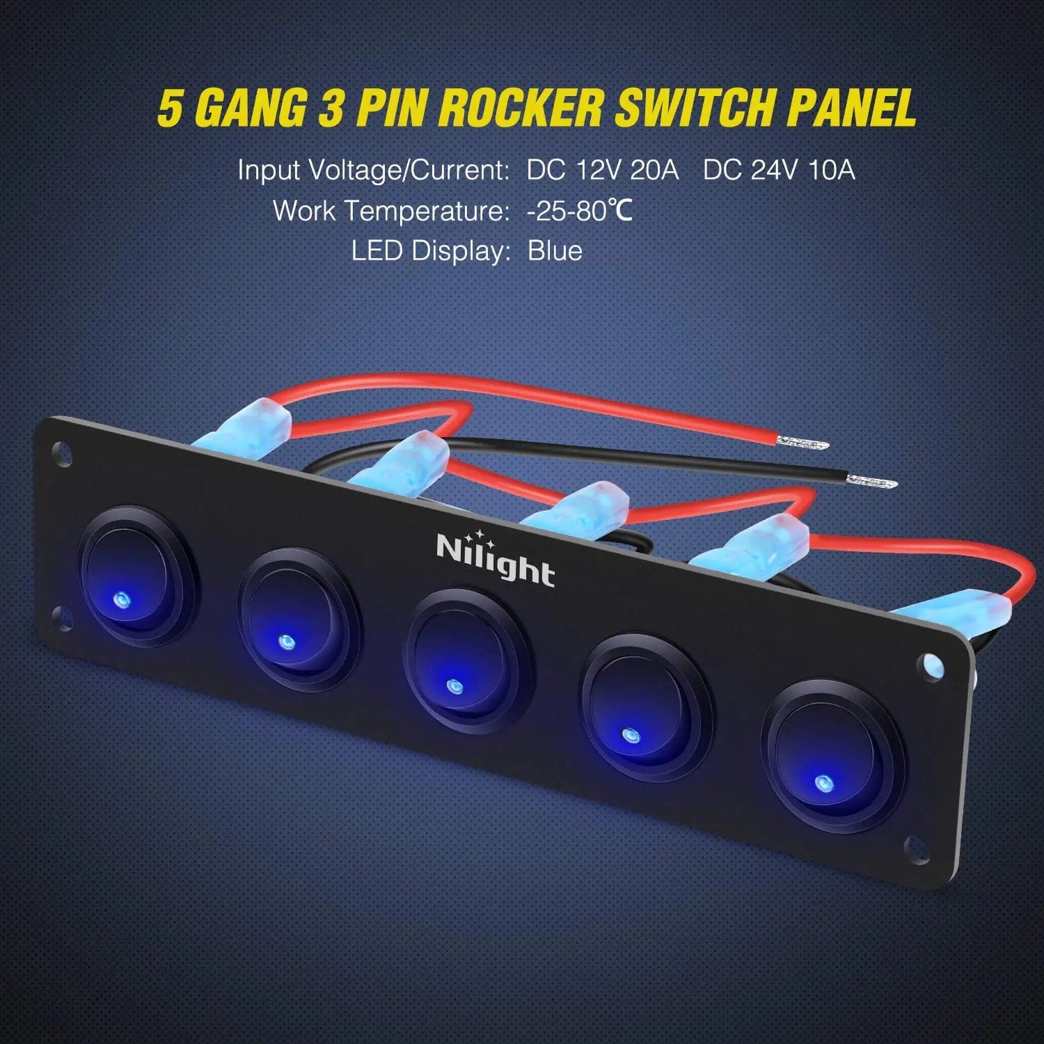 5Gang 3Pin Rocker Switch Panel Blue Nilight