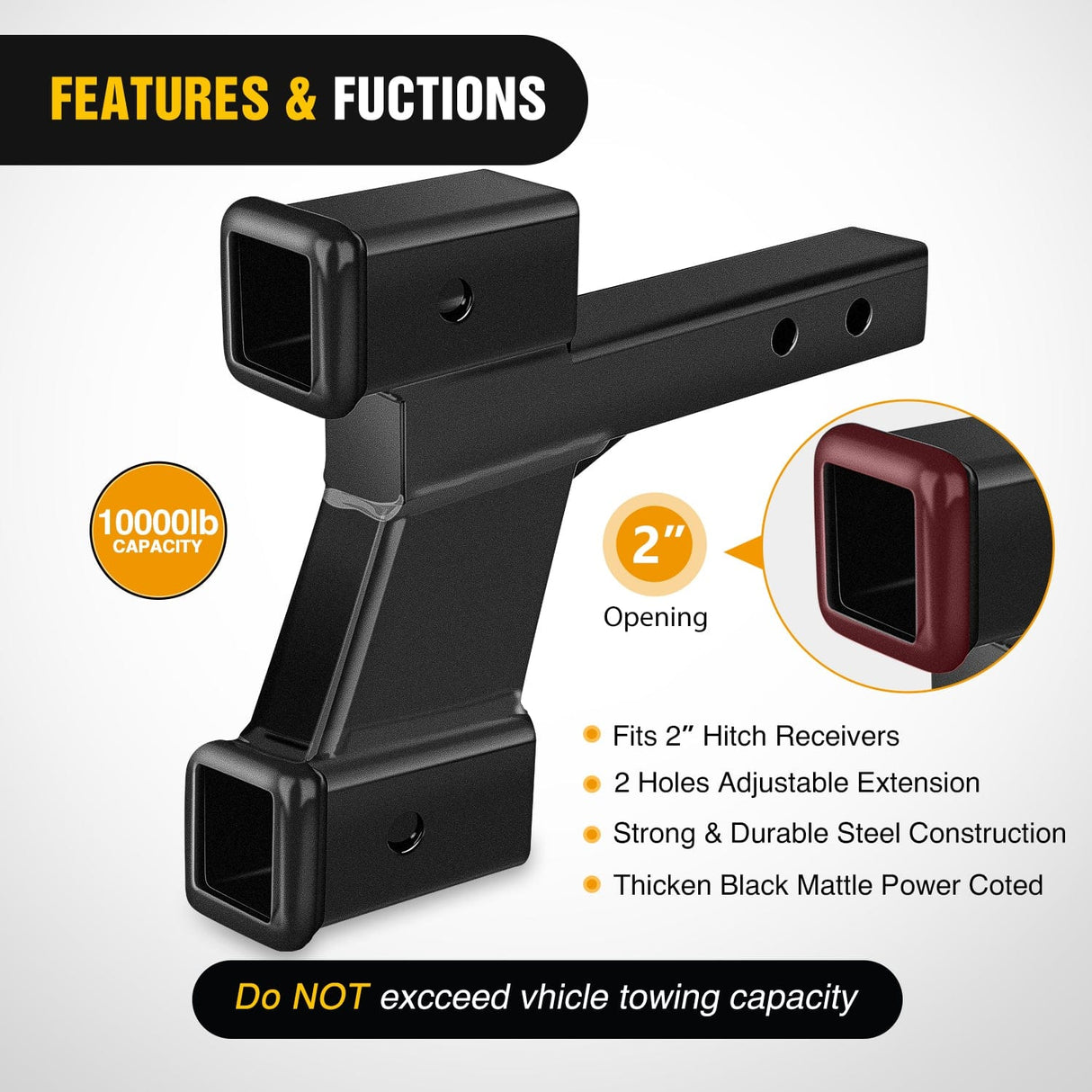 2 Inch Trailer Dual Hitch Receiver with 2&6Inch Rise or Drop Nilight