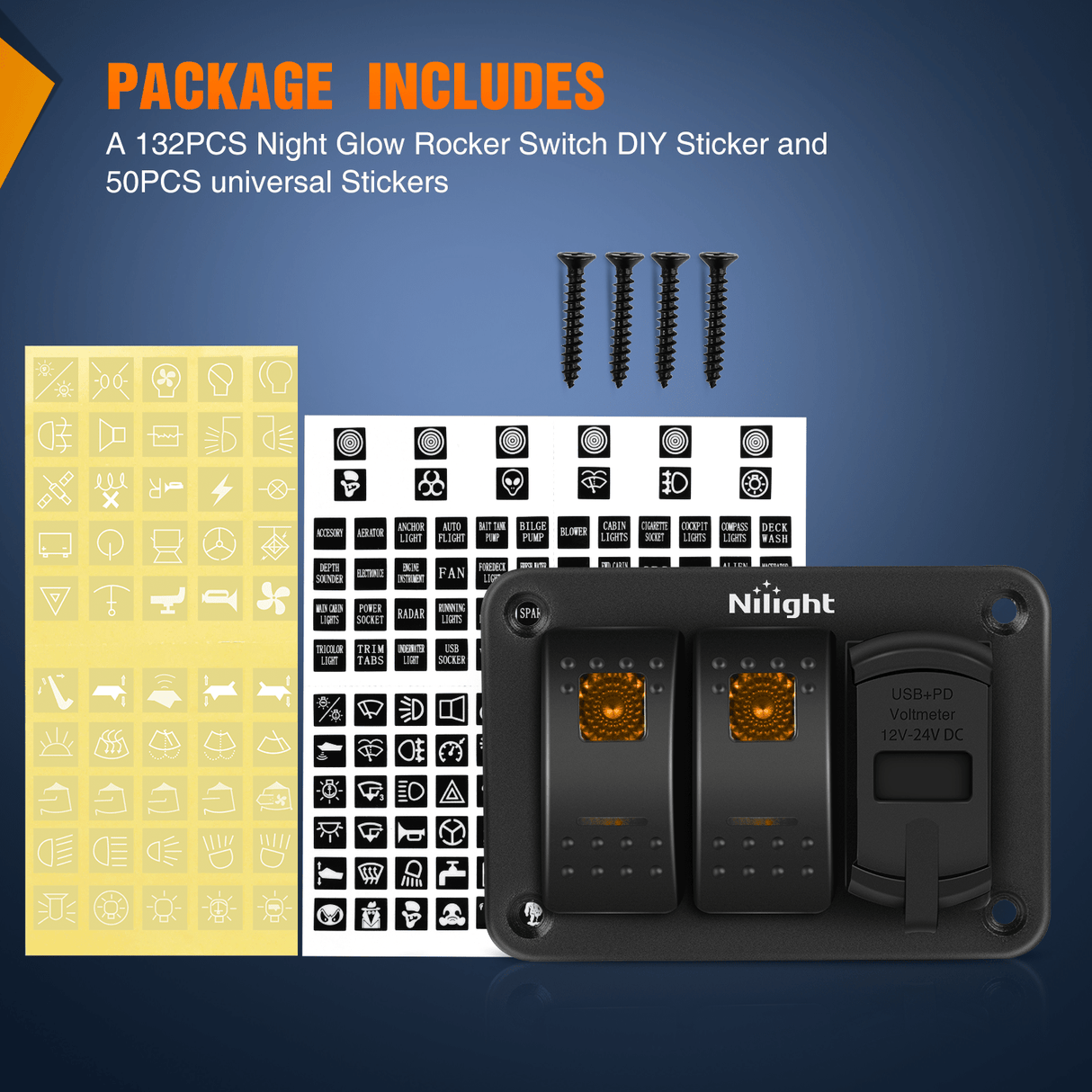 2 Gang Switch Panel With QC3.0 & PD Charger And Voltmerter with Orange Backlit