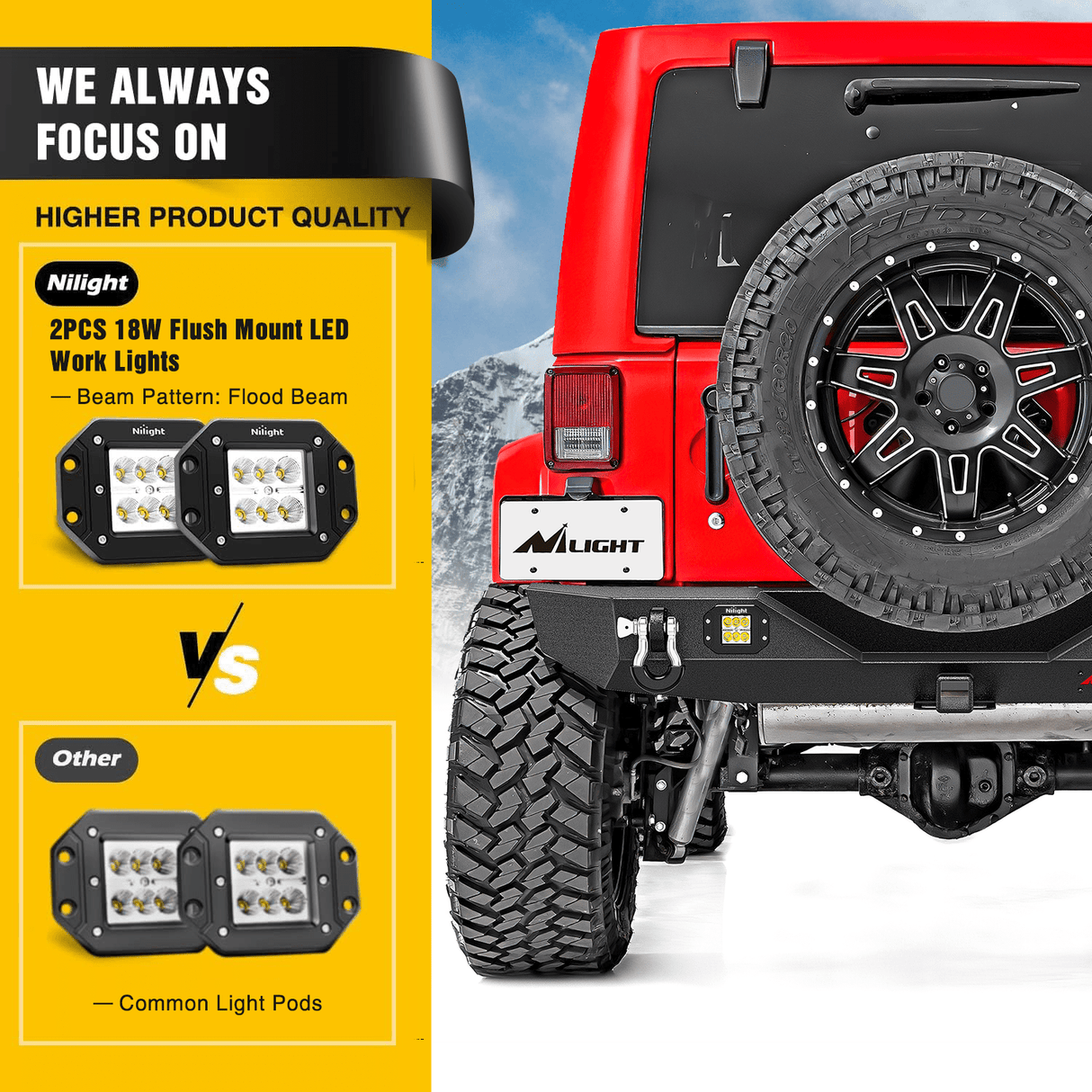 2007-2018 Wrangler JK & Unlimited (2/4 Doors) Rear Bumper Hitch Receiver 2Pcs LED Lights Pods D-rings