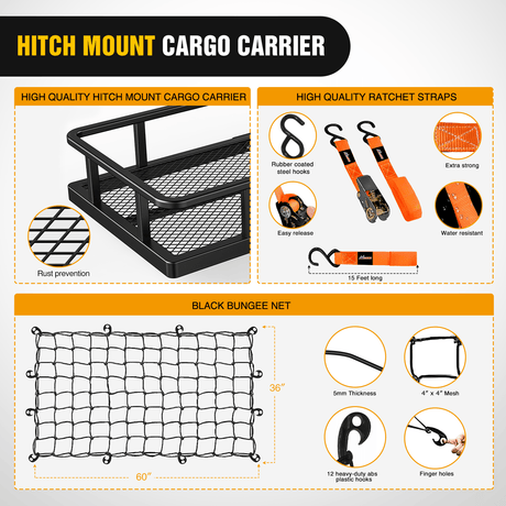 60 x 24 x 7.87 Inch Hitch Cargo Carrier Fits 2-Inch Receiver With Waterproof Cargo Bag Cargo Net Ratchet Straps Nilight