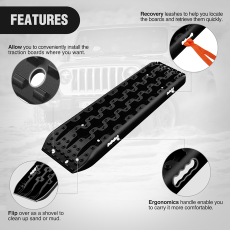 Off-Road Recovery Traction Boards For 4WD 4X4 with 2PCS Mounting kit Zipper Bag 2 leashes (Black) Nilight