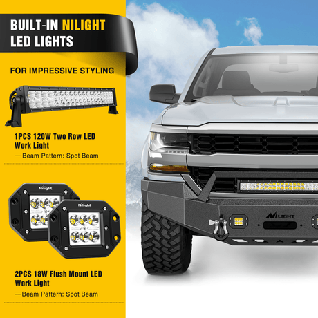 Front Bumper for 2016-2018 Chevy Silverado 1500 Pickup Trucks Textured Black Solid Steel Off-road with 120W Light Bar 18w Pods Nilight