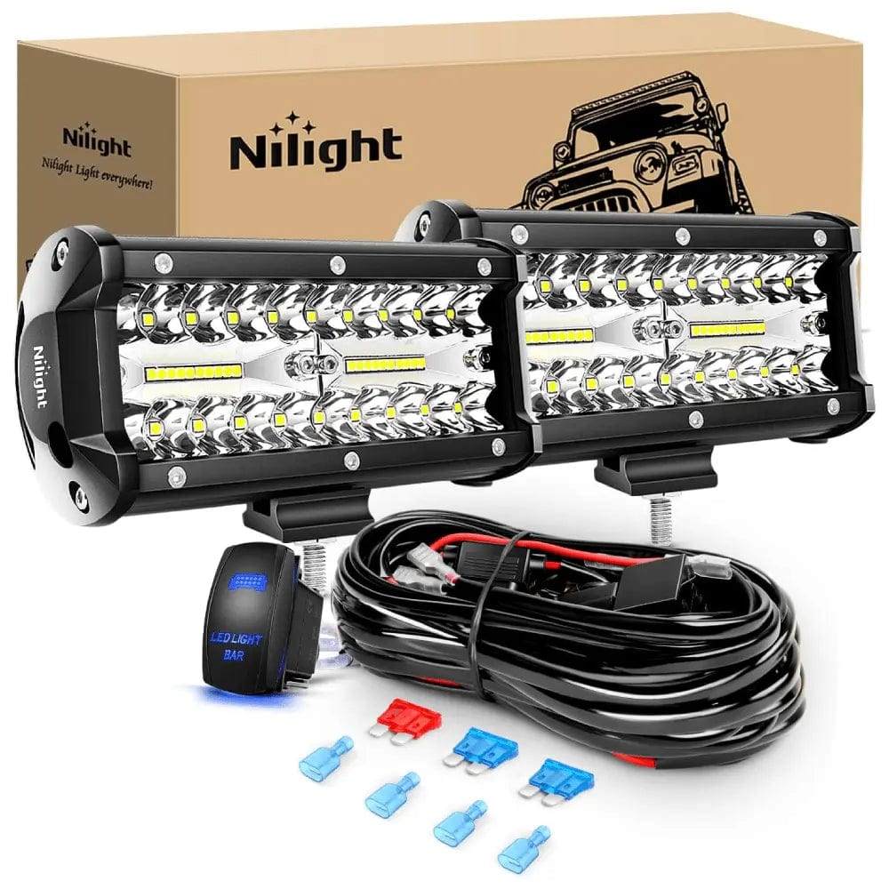 6.5 Inch 120W Triple Row Spot Flood LED Light Bars (Pair) | 16AWG Wire 5Pin Switch Nilight