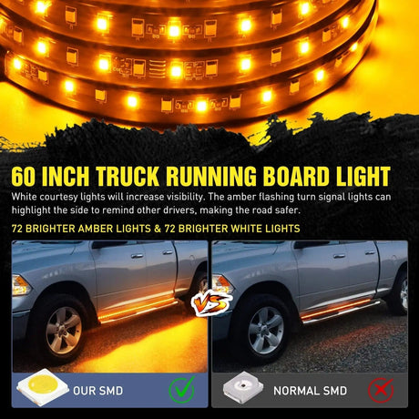 60 Inch 144 Leds Running Board Amber White Light Strip (Pair) Nilight