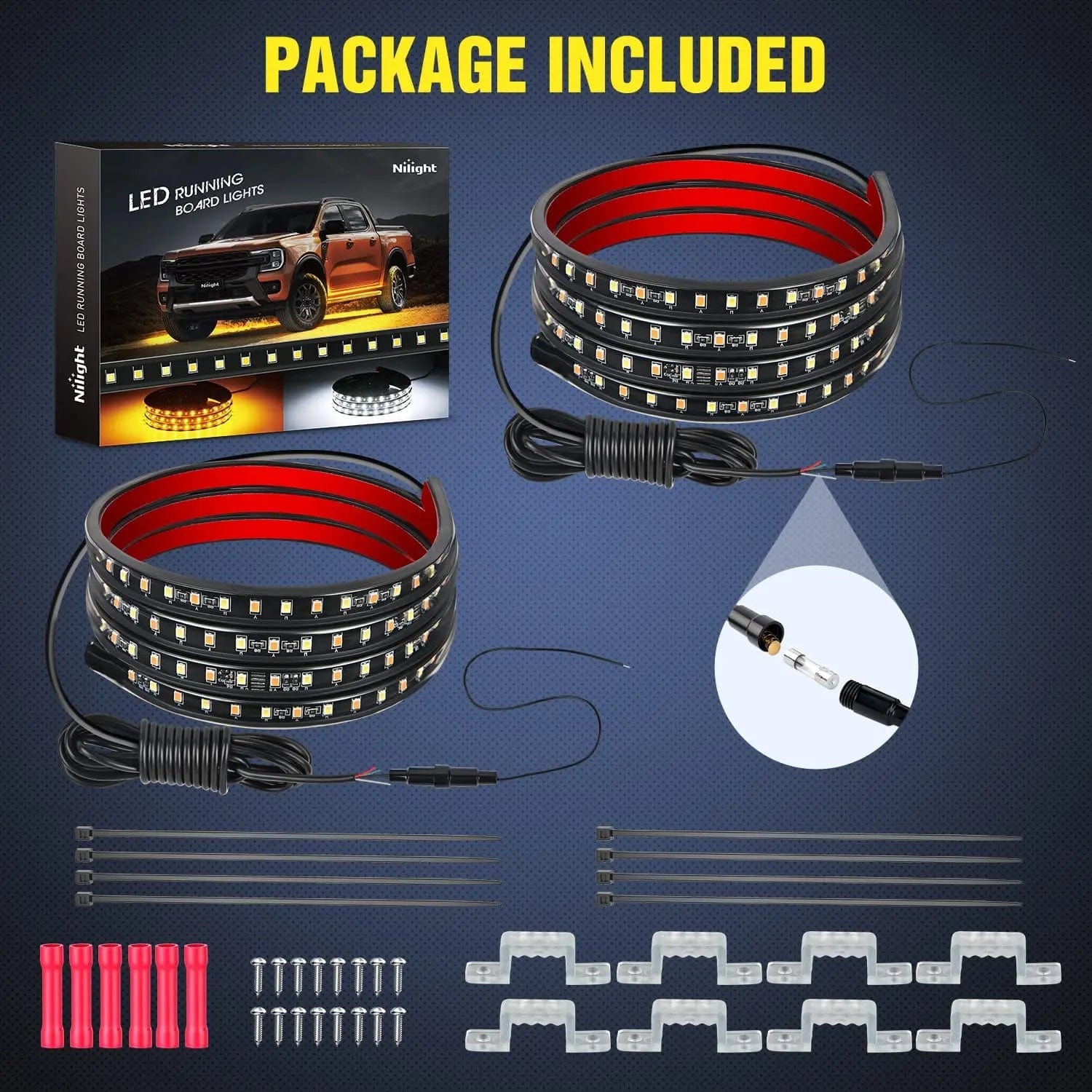 60 Inch 144 Leds Running Board Amber White Light Strip (Pair) Nilight