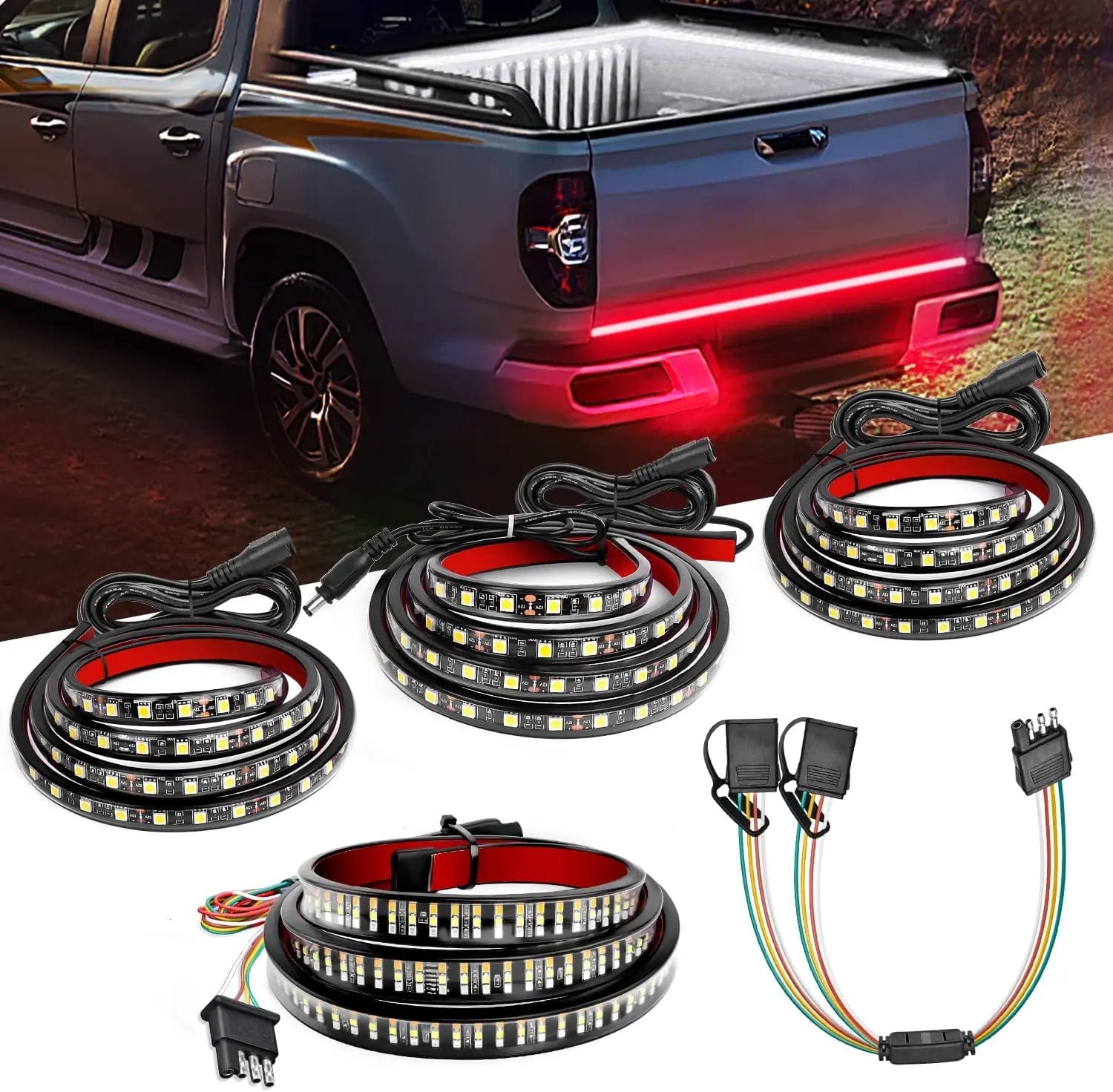 60 Inch 504Leds Red White Amber Triple Row LED Tailgate Light Strip 4Way Y-Splitter 3PCS Nilight