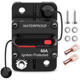 60A Circuit Breaker Resettable 12-48V DC Manual Reset w/Copper Wire Lugs Surface Mount Overload Protection Nilight